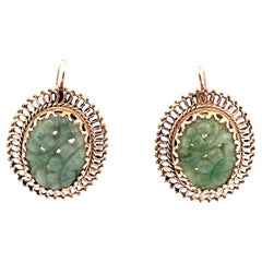 Antique 14k Yellow Gold Carved Jadeite Earrings
