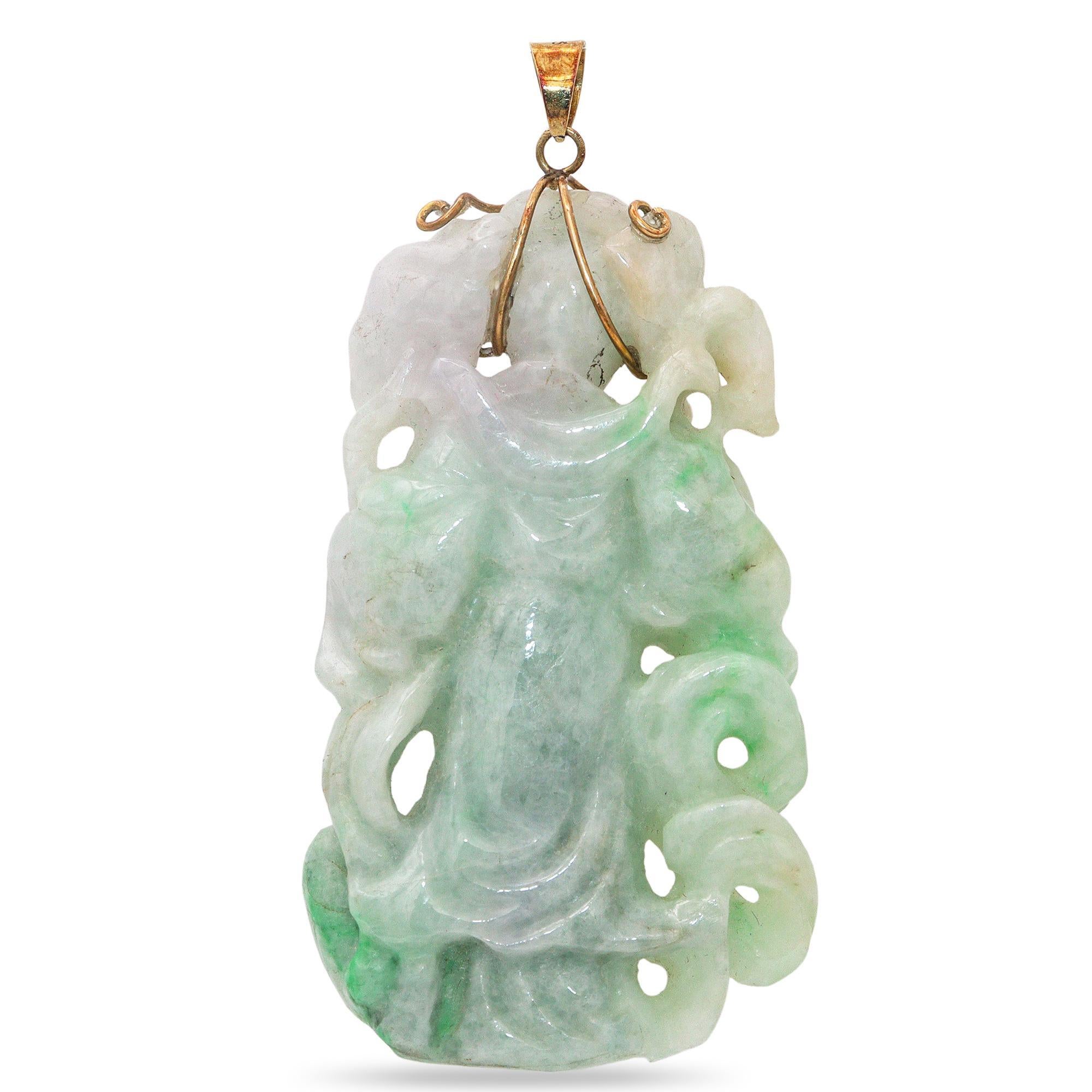 Vintage 14k Yellow Gold Carved Jadeite Jade Buddha Pendant, featuring a finely detailed carving of a seated Buddha figure symbolizing peace, protection, and enlightenment. The jadeite displays a soft translucency with natural green hues, enhancing
