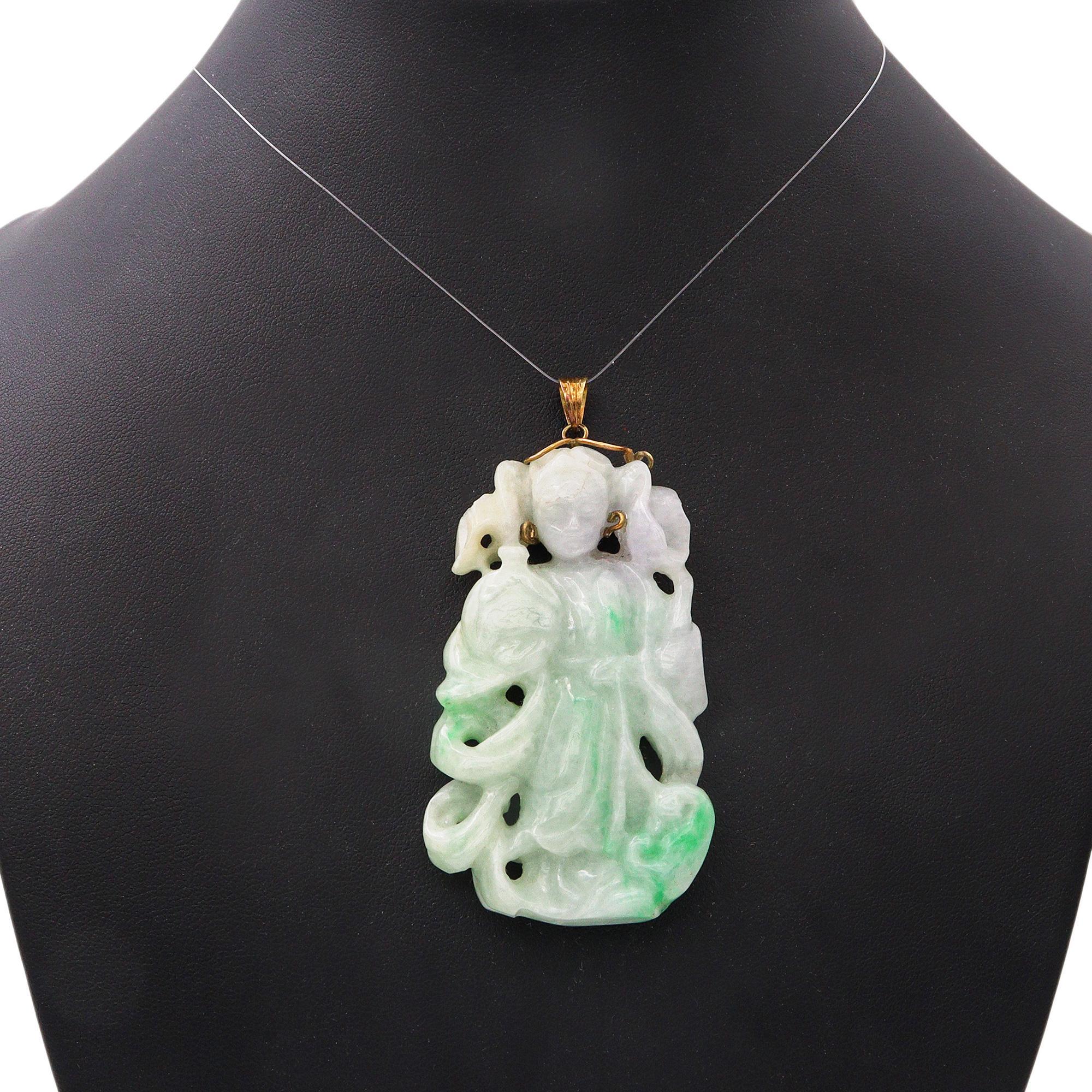 Rough Cut Vintage 14k Yellow Gold Carved Jadeite Jade Buddha Pendant For Sale