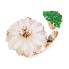 Vintage 14k Yellow Gold Carved Jadeite Jade & Diamond Floral Bypass Ring