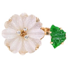 Vintage 14k Yellow Gold Carved Jadeite Jade & Diamond Floral Bypass Ring