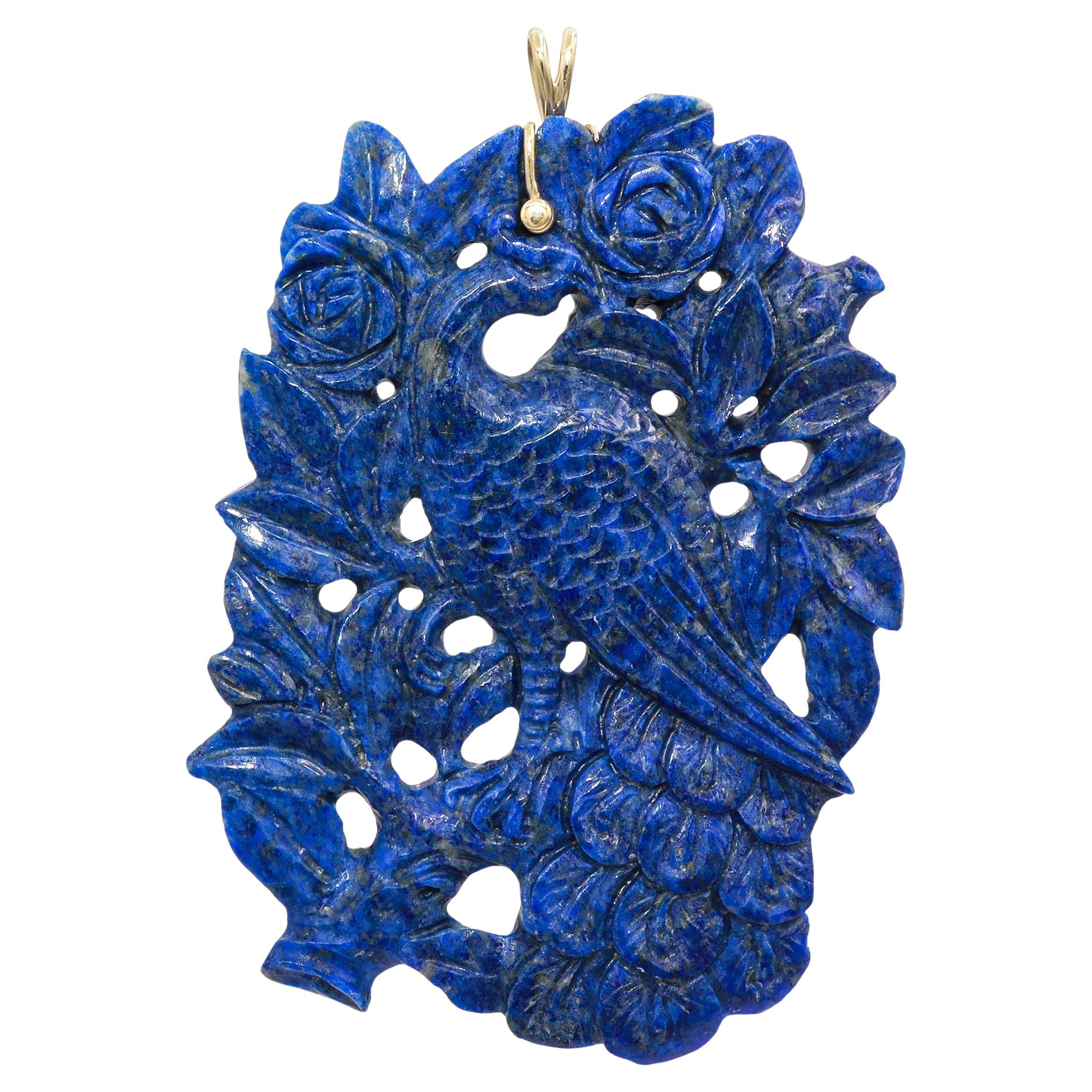 Vintage 14K Yellow Gold Carved Lapis Lazuli Peacock Pendant For Sale