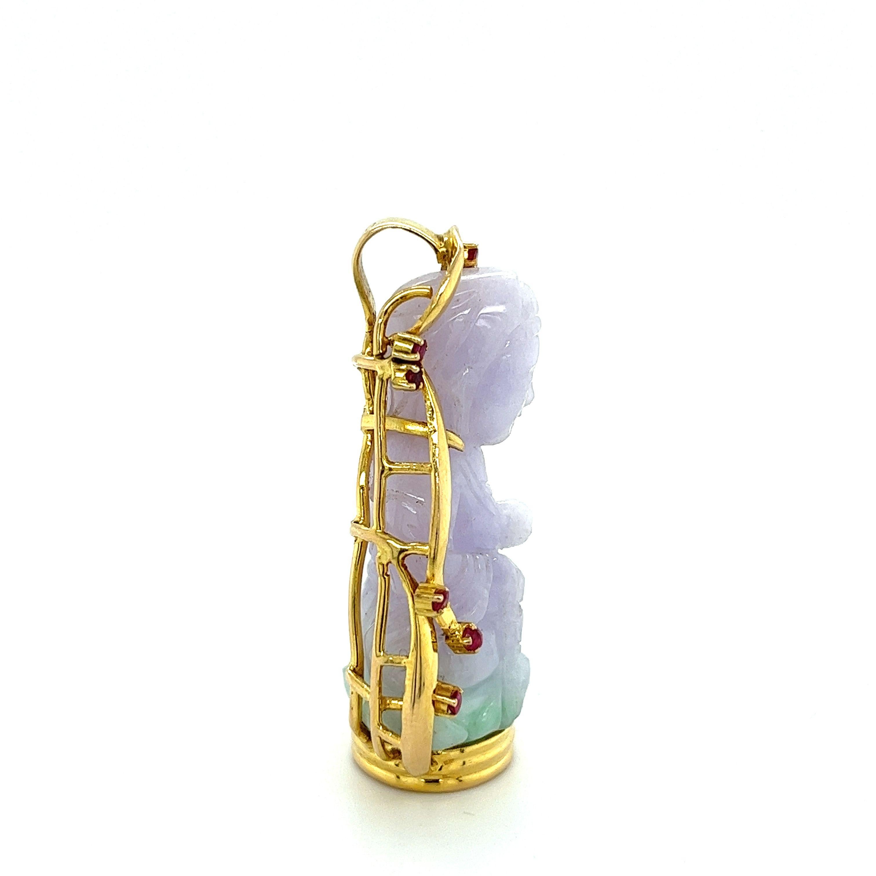 Taille mixte Collier pendentif Bouddha vintage en or jaune 14 carats et jade lavande sculpté en vente