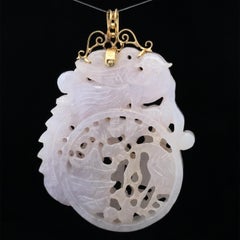 Vintage 14k Yellow Gold Carved Lavender Jade Phoenix Garden Scene Large Pendant
