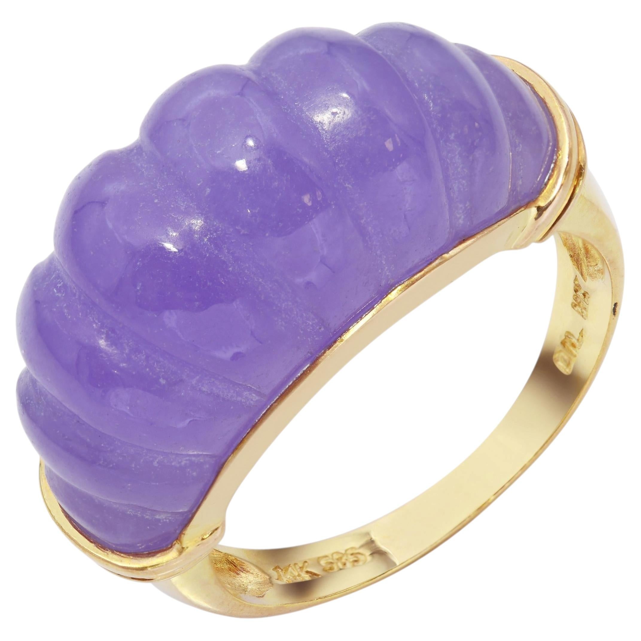 Vintage 14K Yellow Gold Carved Lavender Jadeite Statement Ring