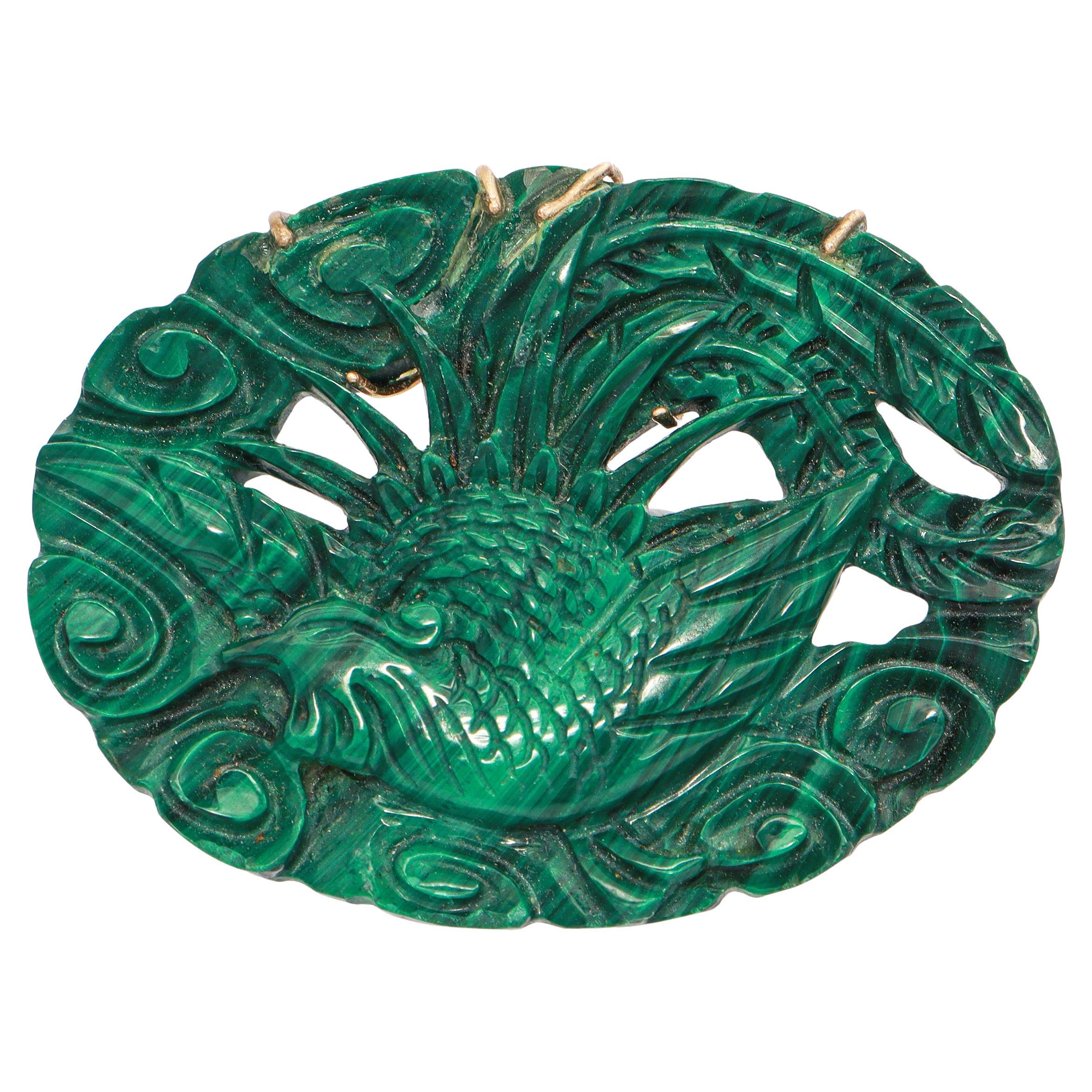 Vintage 14K Yellow Gold Carved Malachite Phoenix Pendant