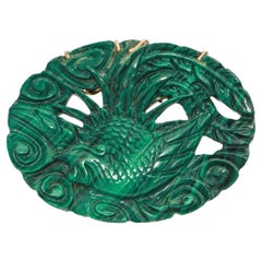 Vintage 14K Yellow Gold Carved Malachite Phoenix Pendant