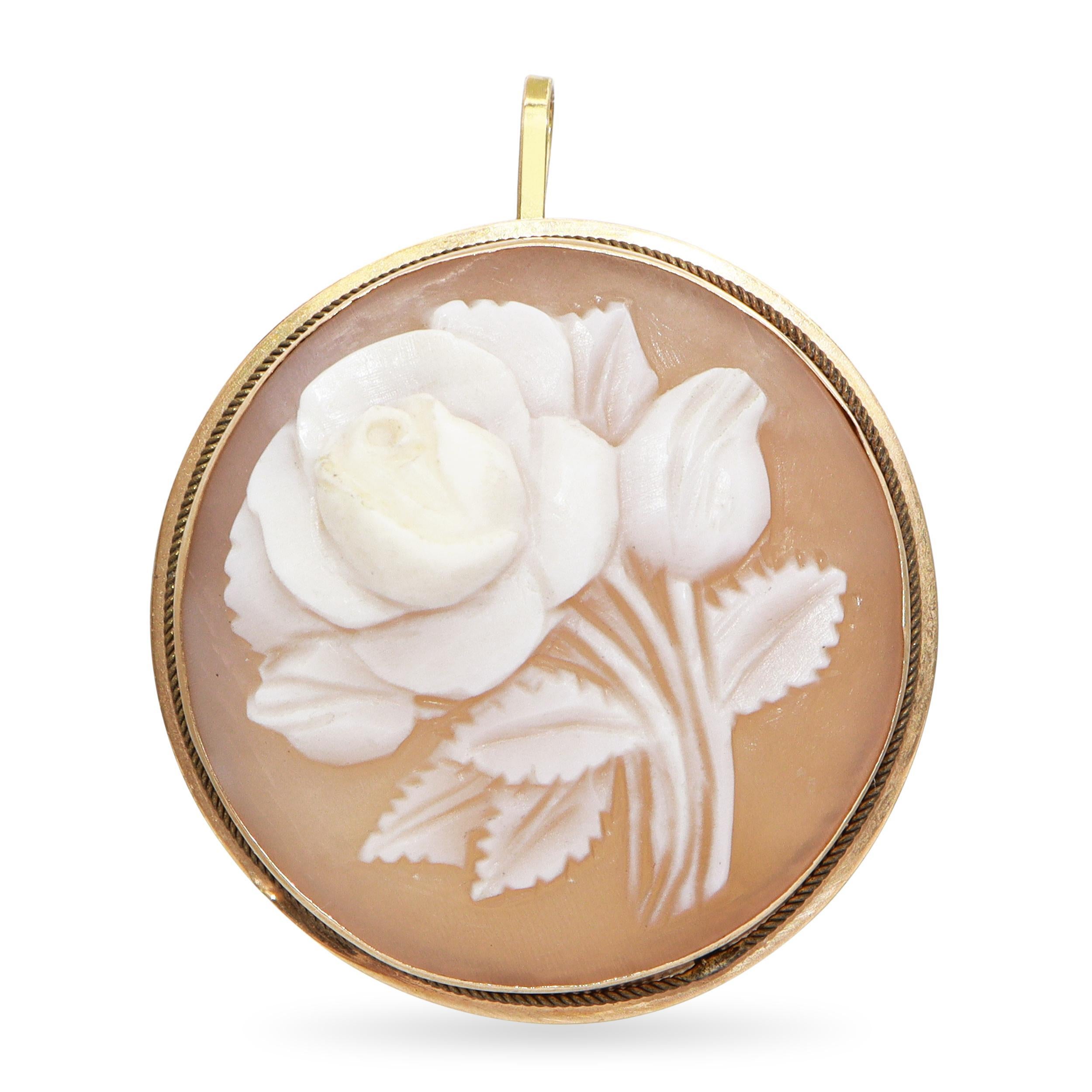 Vintage 14K Yellow Gold Carved Rose Cameo Brooch Pendant
