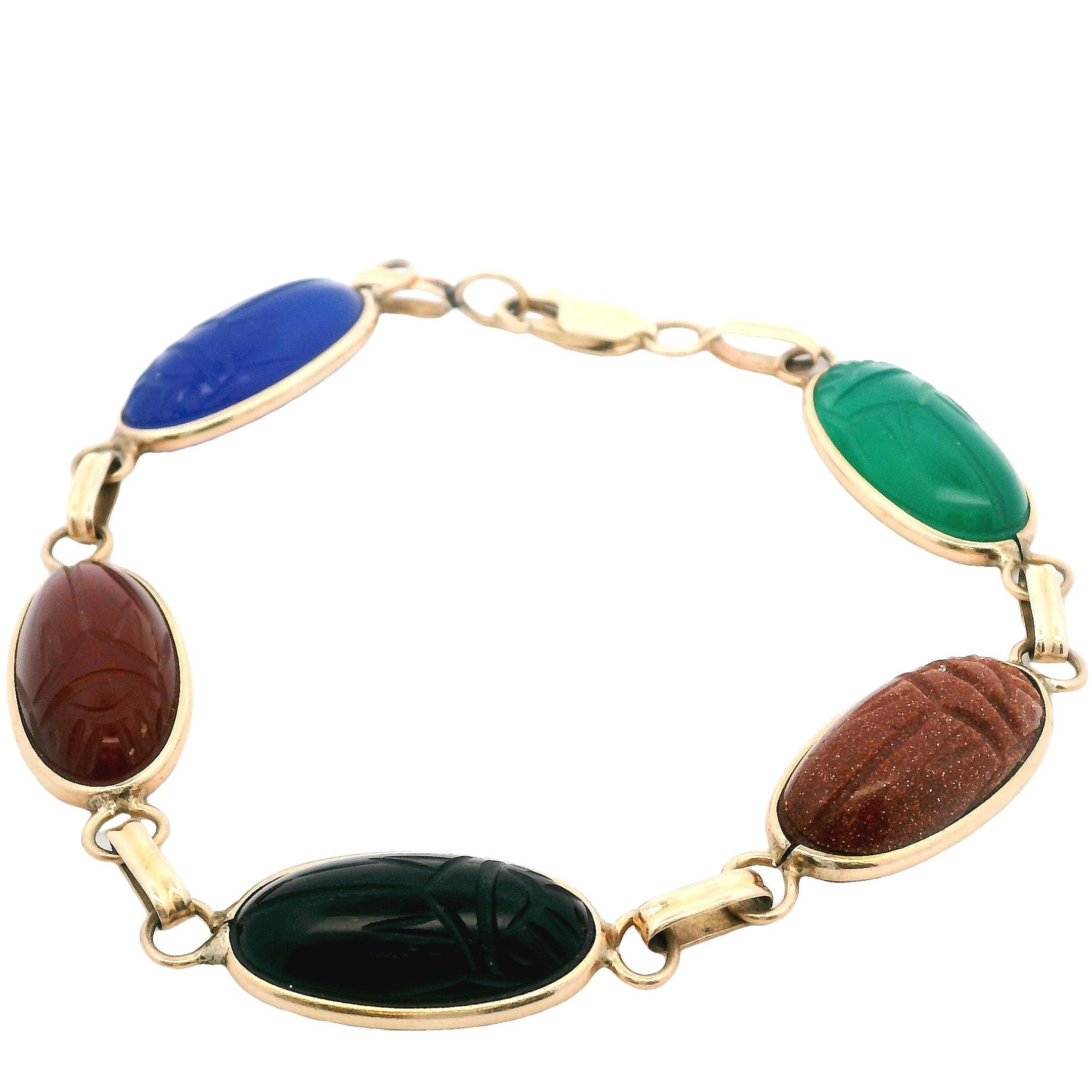 Vintage 14k Yellow Gold Carved Scarab Multi-Gemstone Bracelet 1970s en vente 4