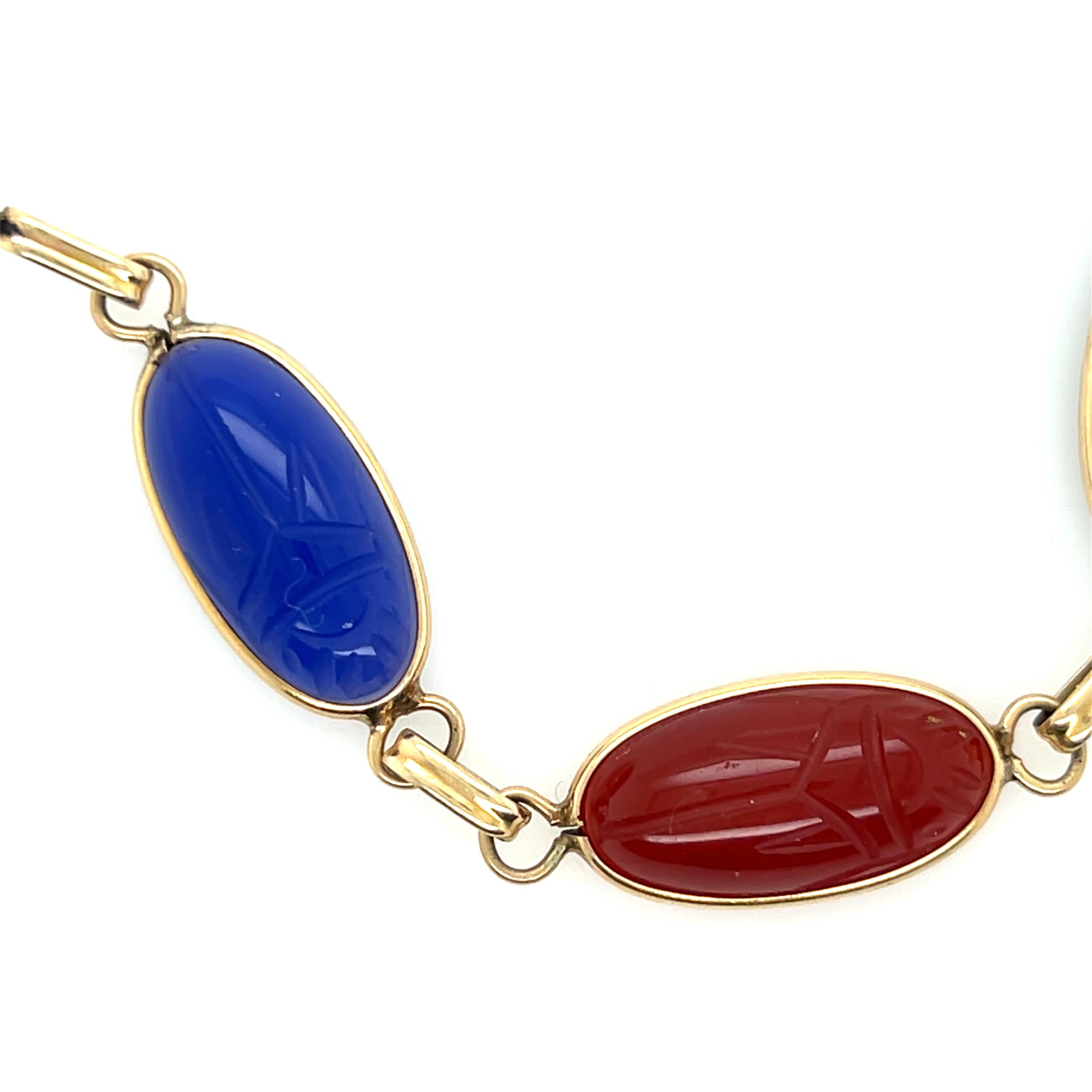 Contemporary Vintage 14k Yellow Gold Carved Scarab Multi-Gemstone Bracelet 1970s For Sale