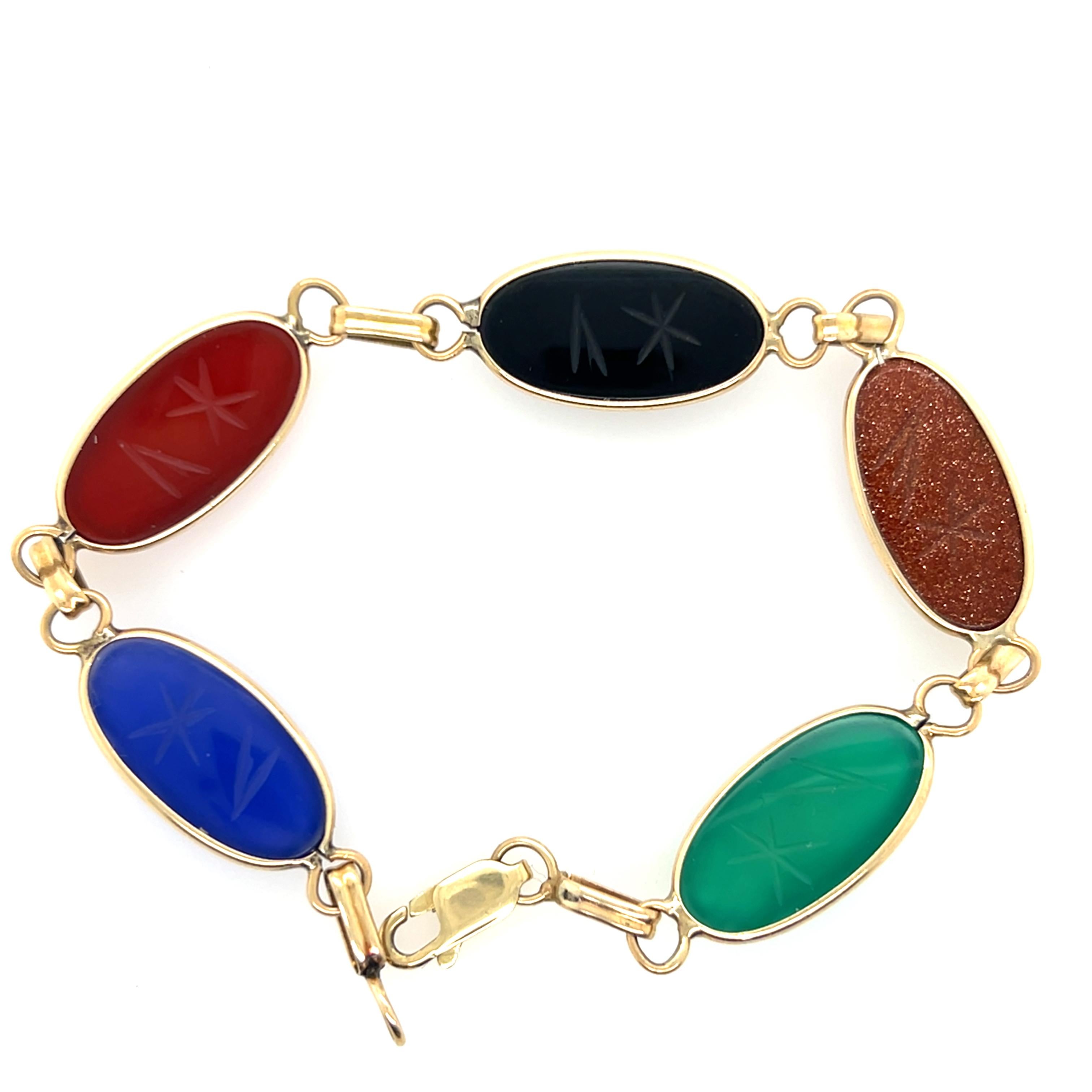 Oval Cut Vintage 14k Yellow Gold Carved Scarab Multi-Gemstone Bracelet 1970s For Sale