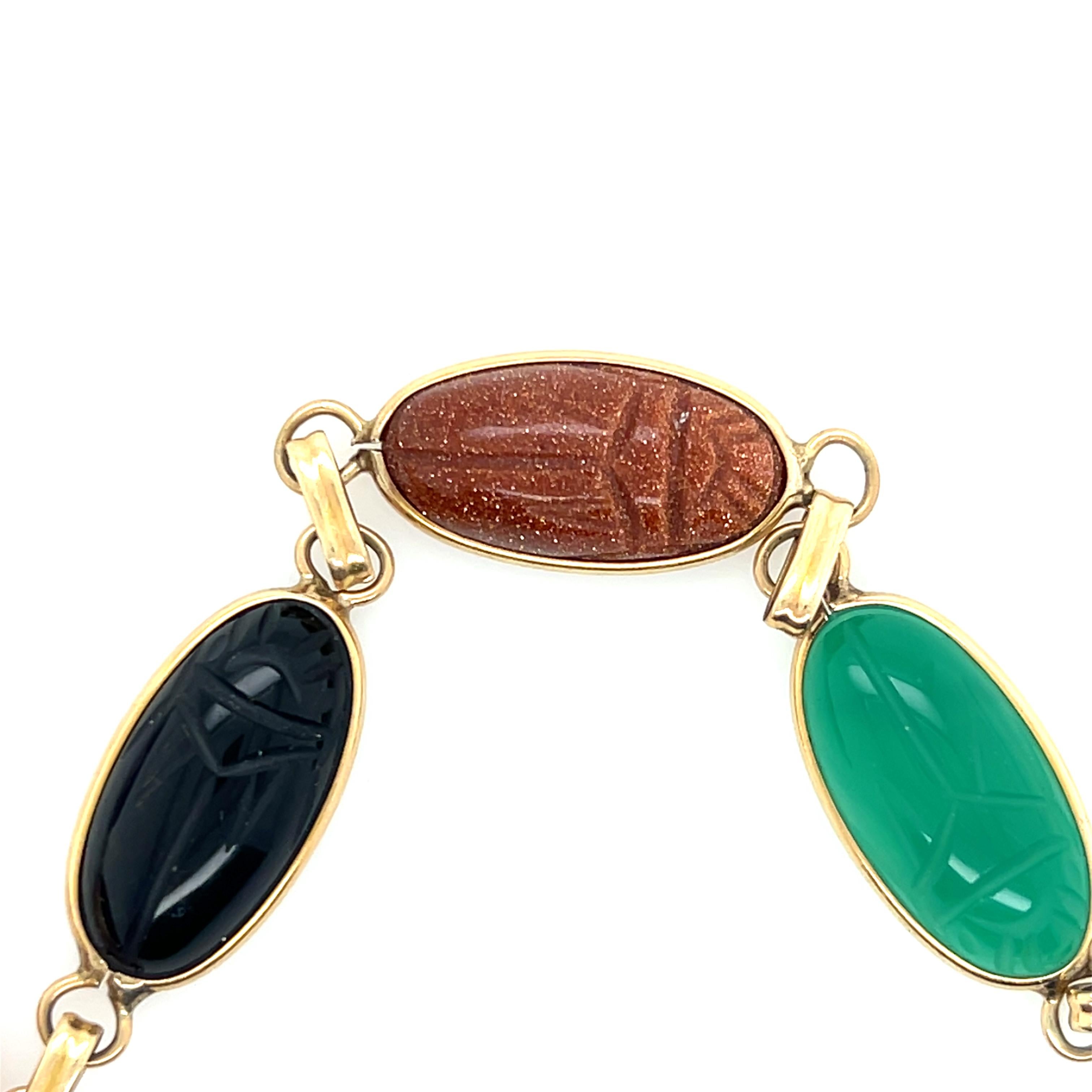 Vintage 14k Yellow Gold Carved Scarab Multi-Gemstone Bracelet 1970s In Good Condition For Sale In Towson, MD
