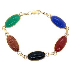 Vintage 14k Yellow Gold Carved Scarab Multi-Gemstone Bracelet 1970s
