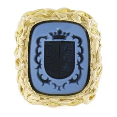 Vintage 14k Yellow Gold Carved Seal Hardstone Nugget Statement Cocktail Ring