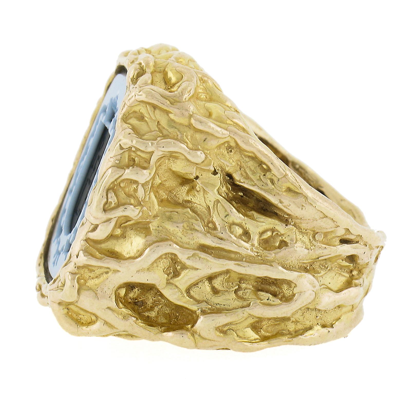 Anello da cocktail d'epoca in oro giallo 14k con sigillo intagliato e pepita di pietra dura in vendita 2