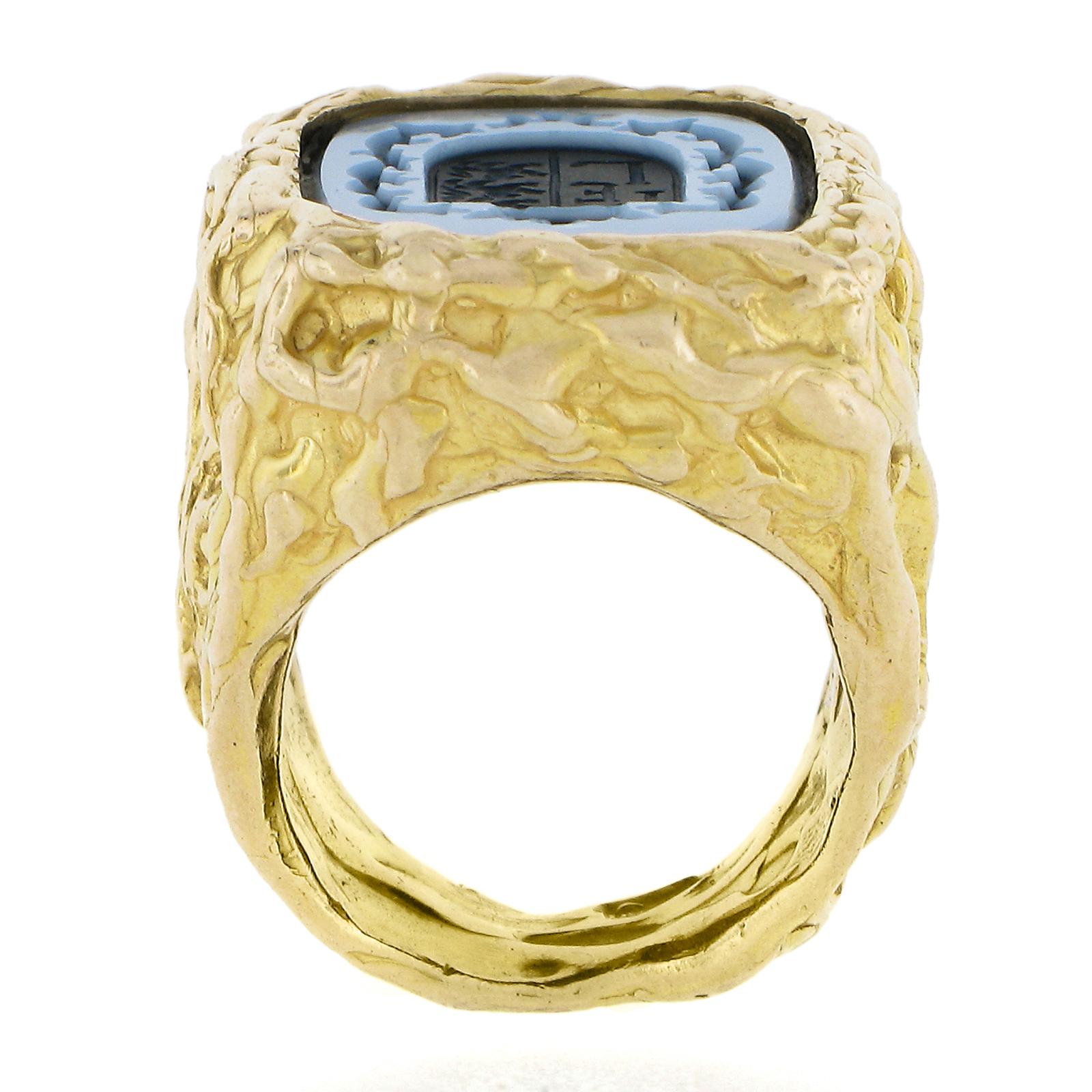 Anello da cocktail d'epoca in oro giallo 14k con sigillo intagliato e pepita di pietra dura in vendita 4