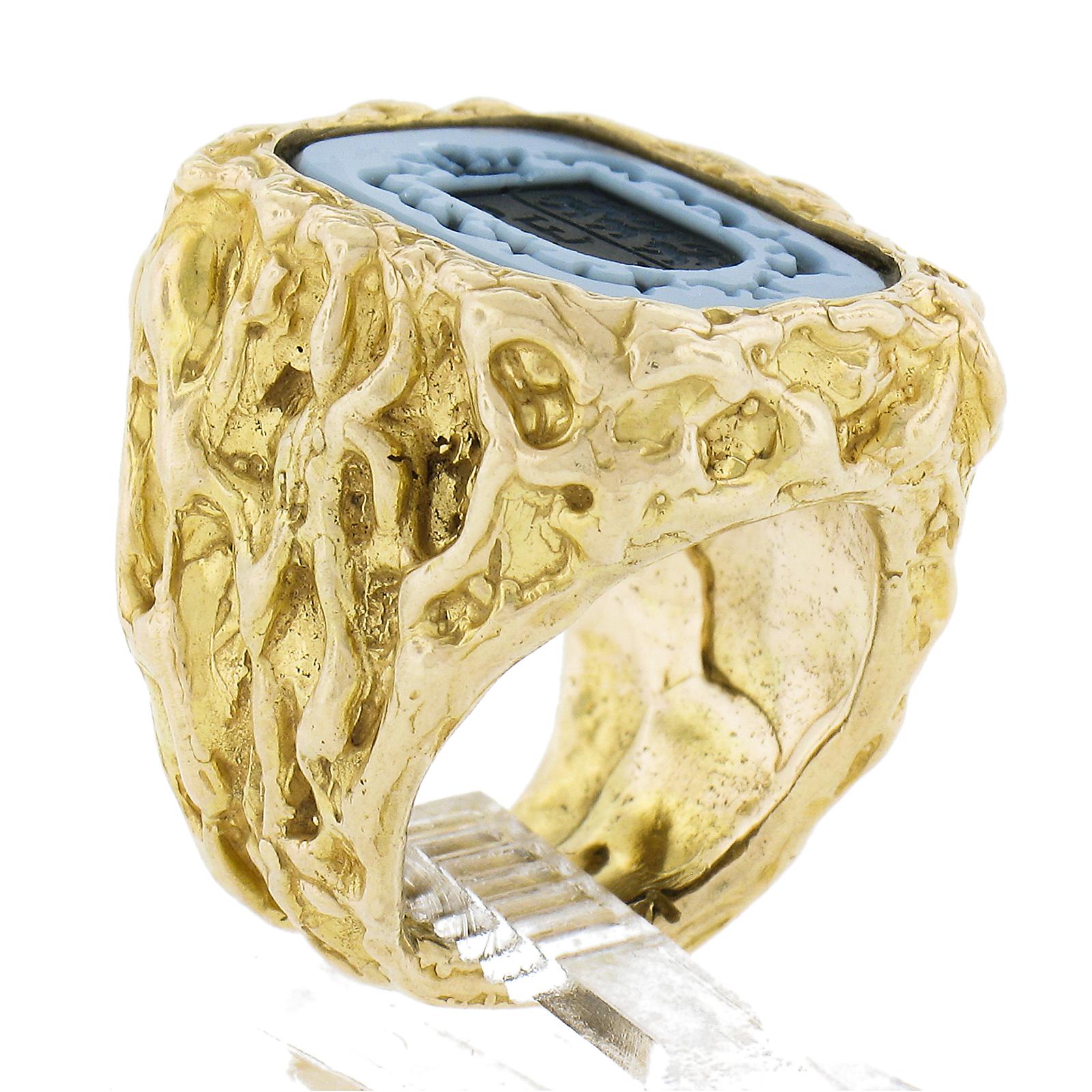 Anello da cocktail d'epoca in oro giallo 14k con sigillo intagliato e pepita di pietra dura in vendita 5