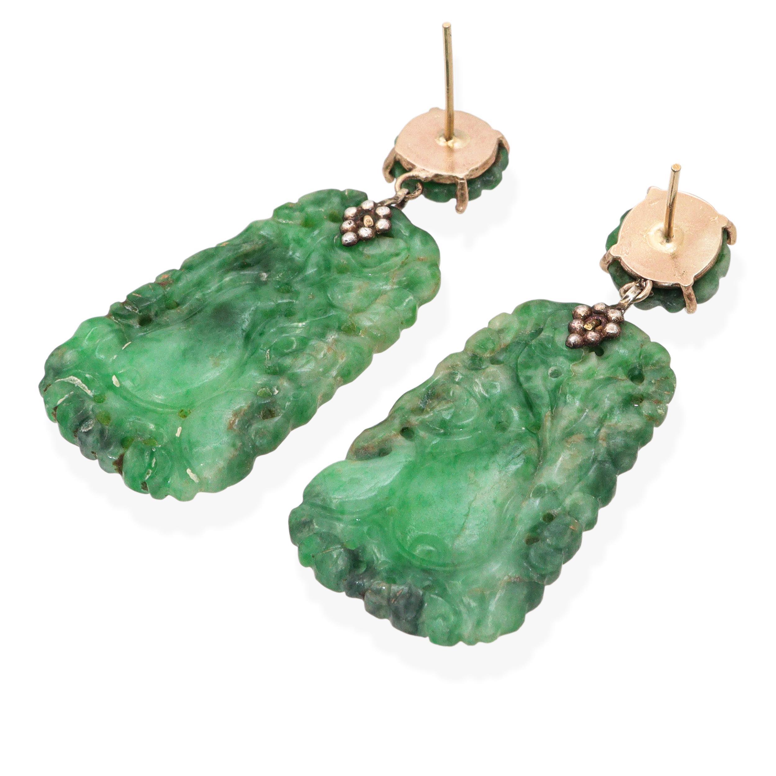 Vintage 14k Yellow Gold Carved Squash Jade Earrings, a striking pair featuring beautifully carved natural jade in the form of squash motifs, symbolizing prosperity and abundance. The jade exhibits rich color and fine translucency, with intricate