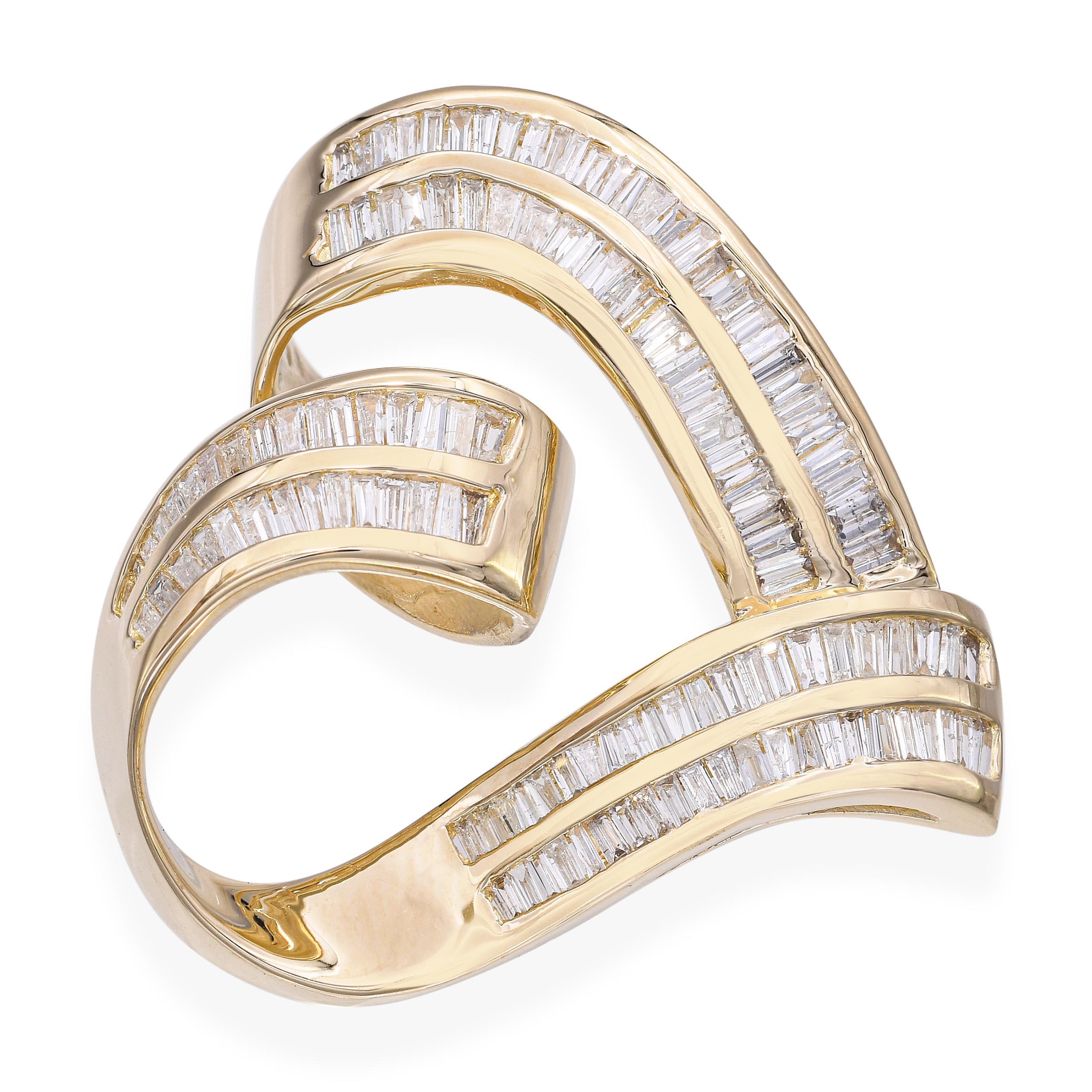 This exquisite heart-shaped pendant features a sleek design with rows of baguette-cut diamonds. The diamonds are meticulously set in a channel setting, creating a continuous sparkle along the curves of the heart. Crafted in polished yellow
