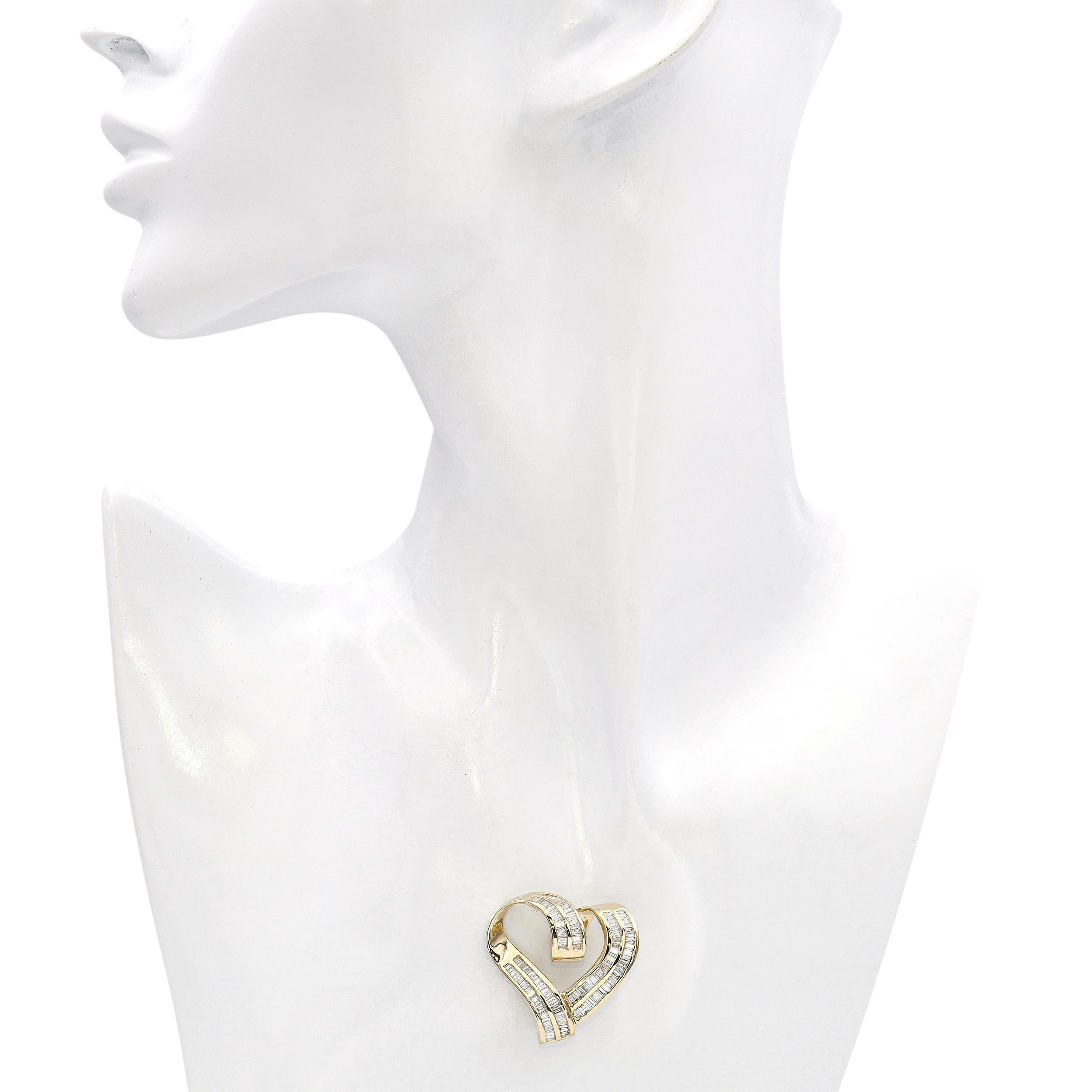 Baguette Cut Vintage 14k Yellow Gold Channel Set Baguette Diamond Heart Pendant For Sale