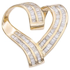 Vintage 14k Yellow Gold Channel Set Baguette Diamond Heart Pendant