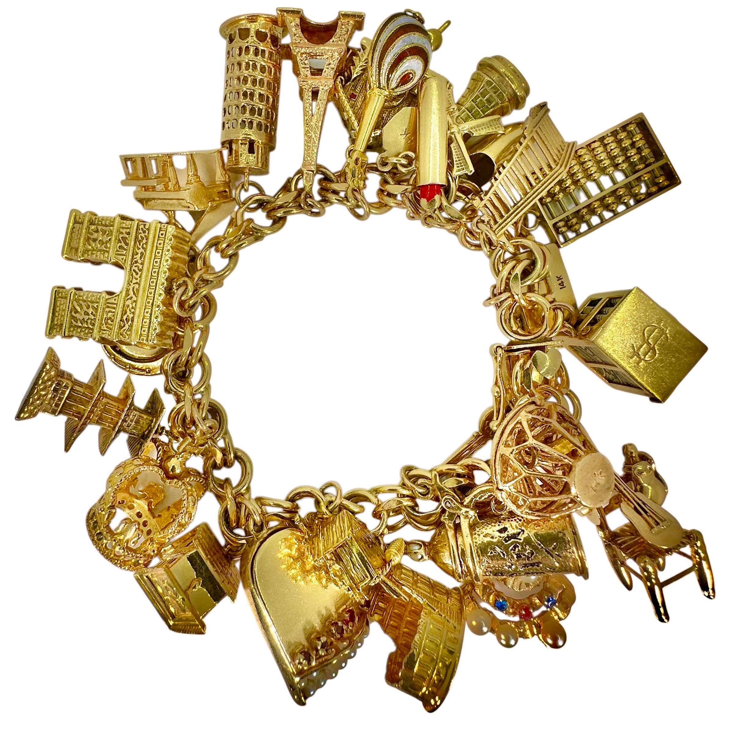 Vintage 14K Yellow Gold Charm Bracelet w/ 26 Dimensional Charms, Circa 1950-1965