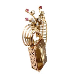 Vintage 14k Yellow Gold Citrine Ruby & Diamond Wire Work Large Pin Brooch
