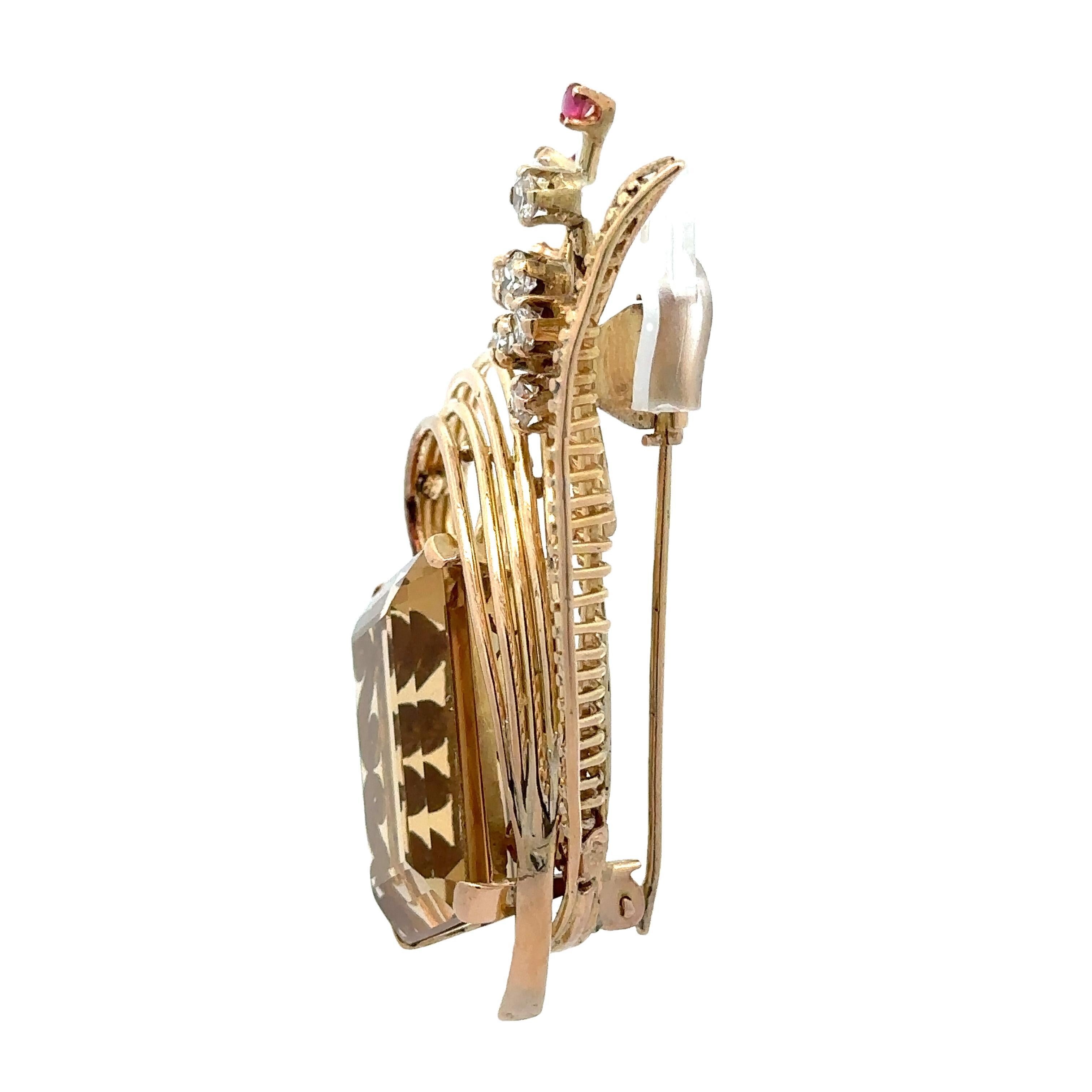Broche de oro amarillo de 14 quilates con citrino, rubí y diamantes en venta 1