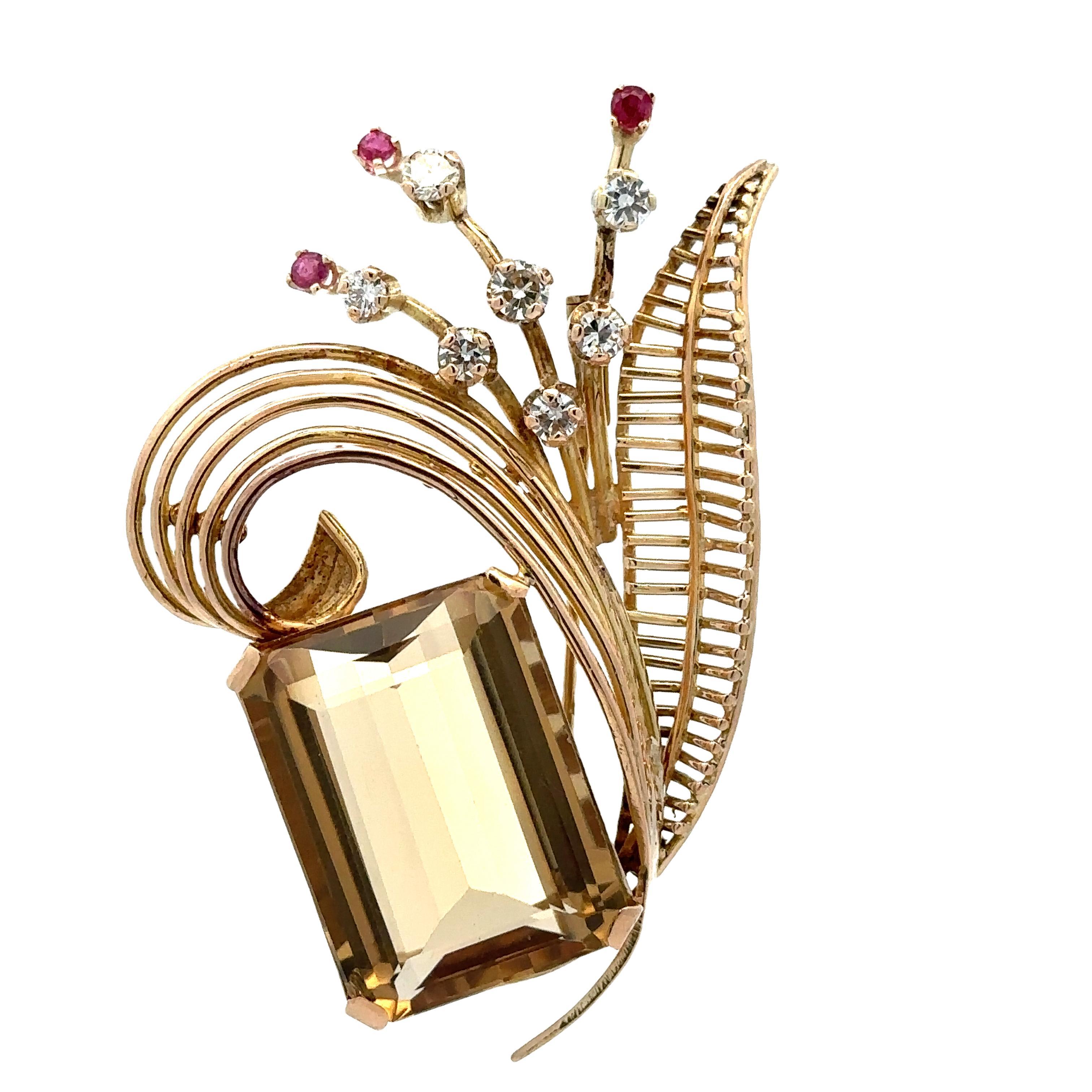 Broche de oro amarillo de 14 quilates con citrino, rubí y diamantes en venta 2
