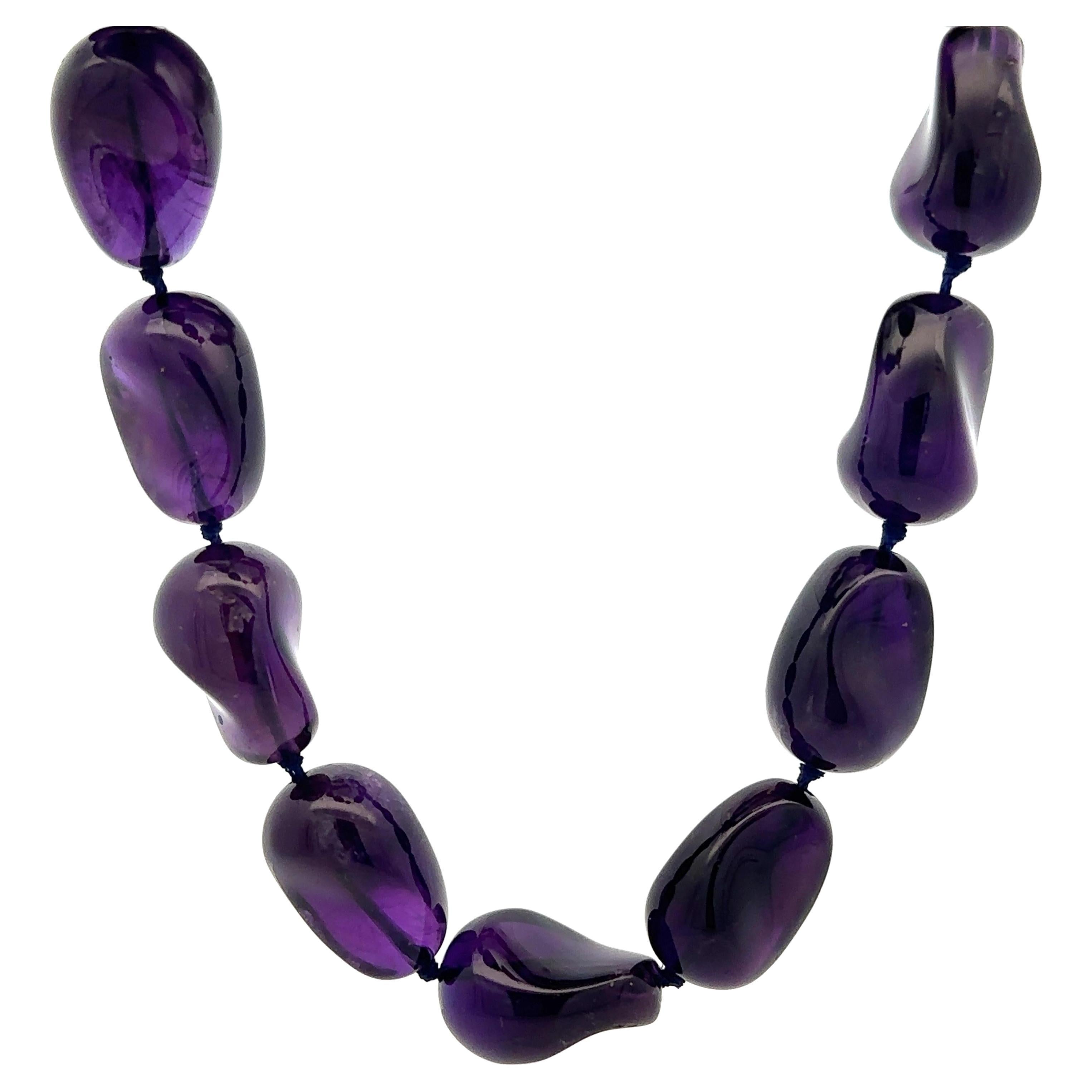 Vintage 14k Yellow Gold Clasp Tumbled Bead Large Amethyst Chunky Necklace For Sale