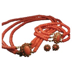 Vintage 14K Yellow Gold Coral 3 Strand Necklace Bracelet Earrings Set