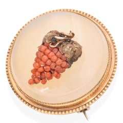 Vintage 14k Yellow Gold Coral and Chalcedony 3D Grape Bunch Brooch