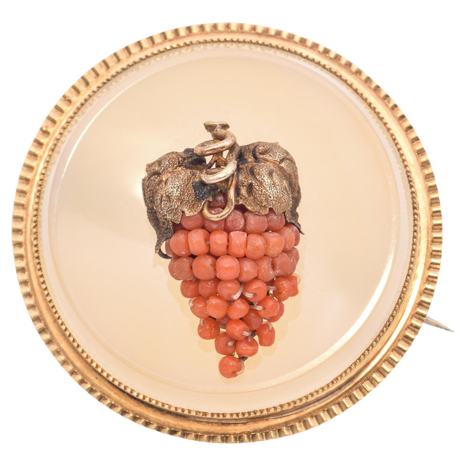 Vintage 14k Yellow Gold Coral and Chalcedony 3D Grape Bunch Brooch