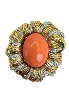 Vintage 14K Yellow Gold Coral and Diamond Brooch