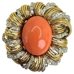 Vintage 14K Yellow Gold Coral and Diamond Brooch