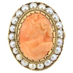 Vintage 14K Yellow Gold Coral Cameo Ring with Seed Pearl Halo – 7.63g, Size 6