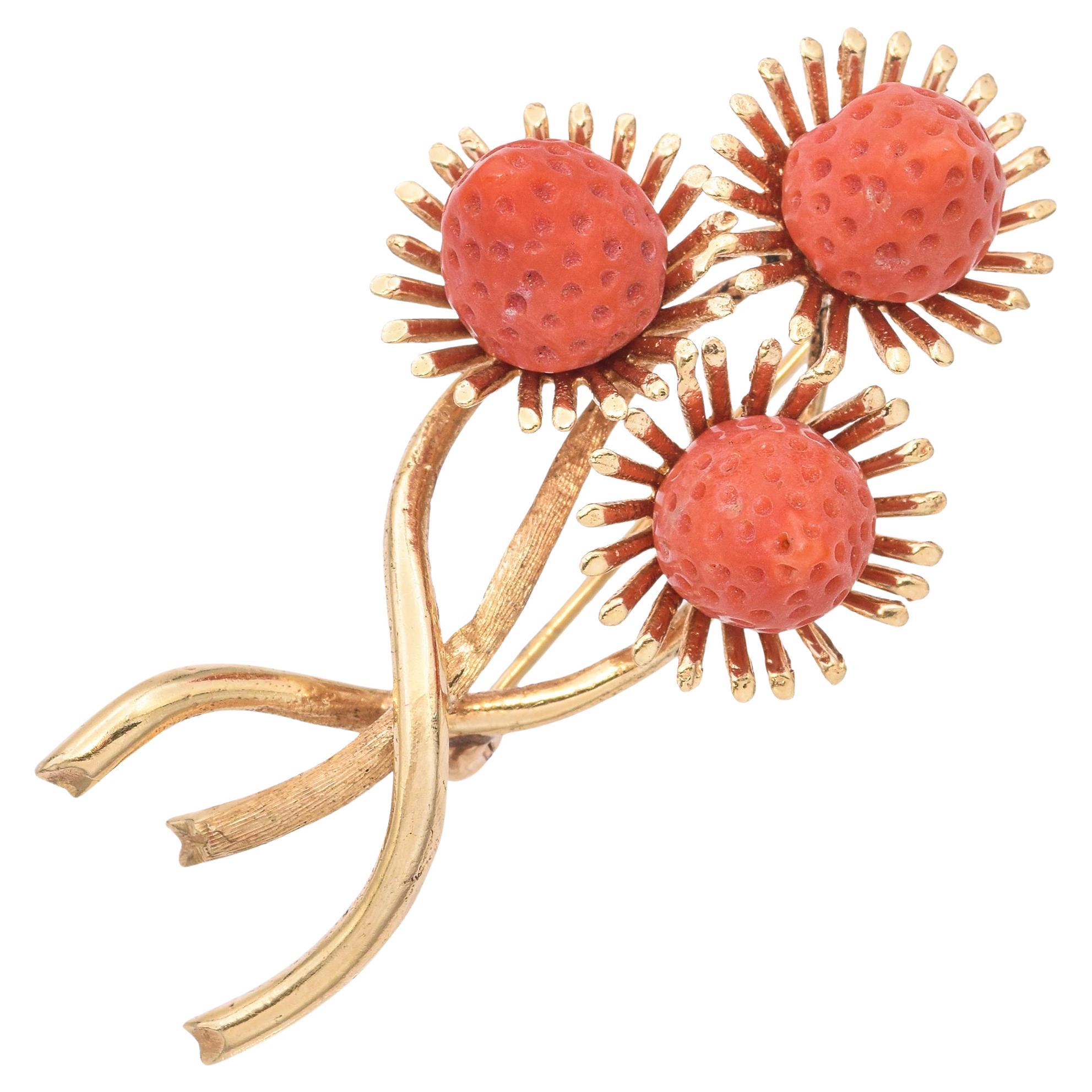 Vintage 14k Yellow Gold Coral Strawberry Brooch