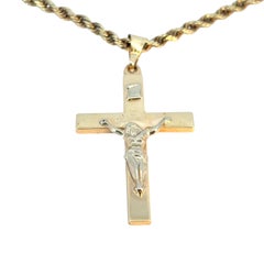 Vintage 14k Yellow Gold Cross Jesus Pendant on a 14k Yellow Gold Rope Necklace