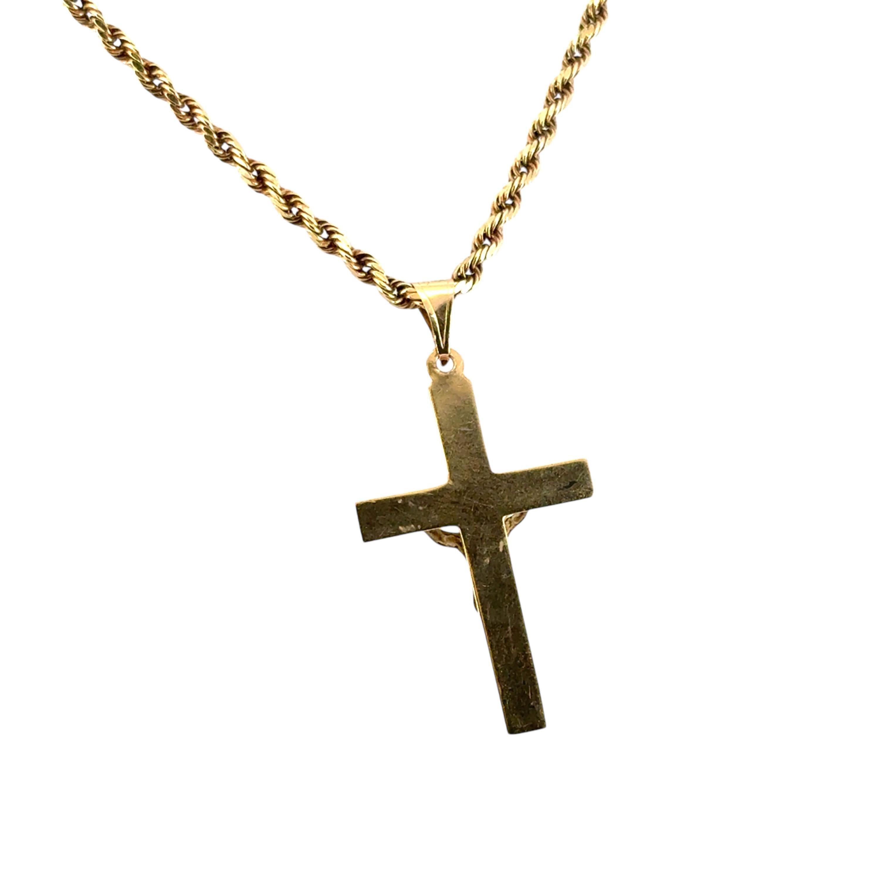 Vintage 14k Yellow Gold Cross Jesus Pendentif on a 14k Yellow Gold Rope Necklace en vente 1