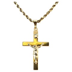 Vintage 14k Yellow Gold Cross Jesus Pendant on a 14k Yellow Gold Rope Necklace