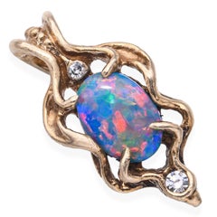 Vintage 14k Yellow Gold Crystal Opal and Diamond Pendant