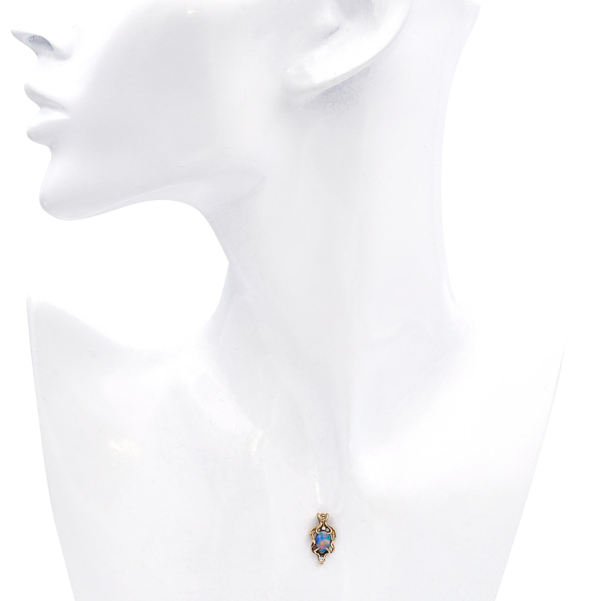 Cabochon Vintage 14k Yellow Gold Crystal Opal and Diamond Pendant in vendita