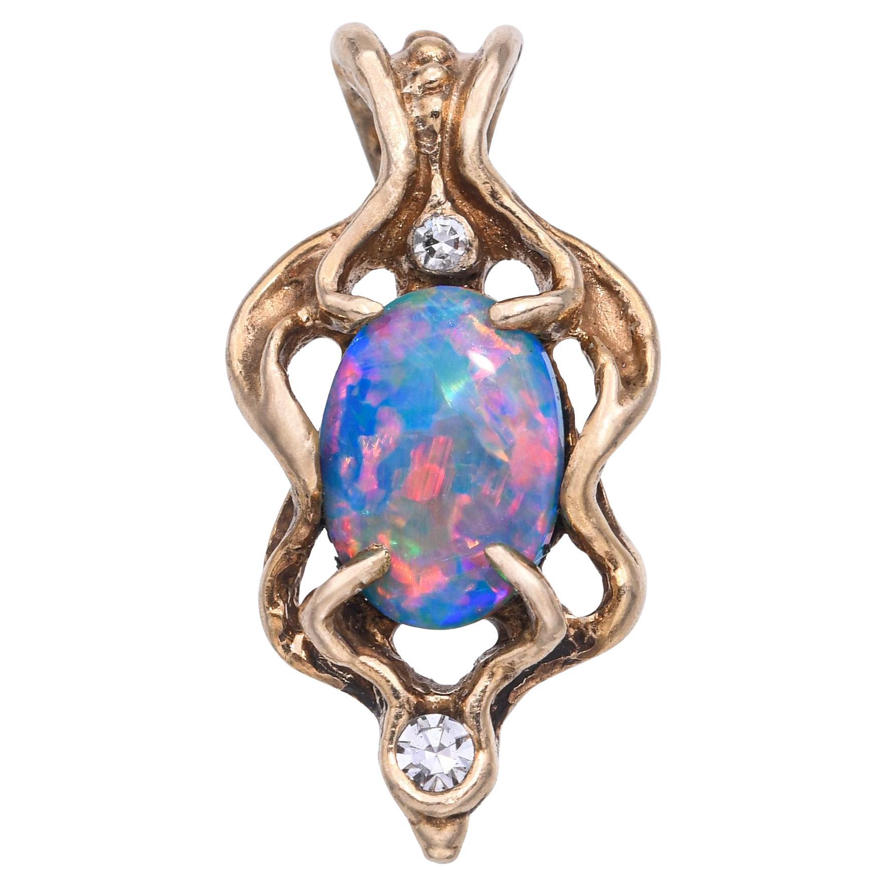 Vintage 14k Yellow Gold Crystal Opal and Diamond Pendant