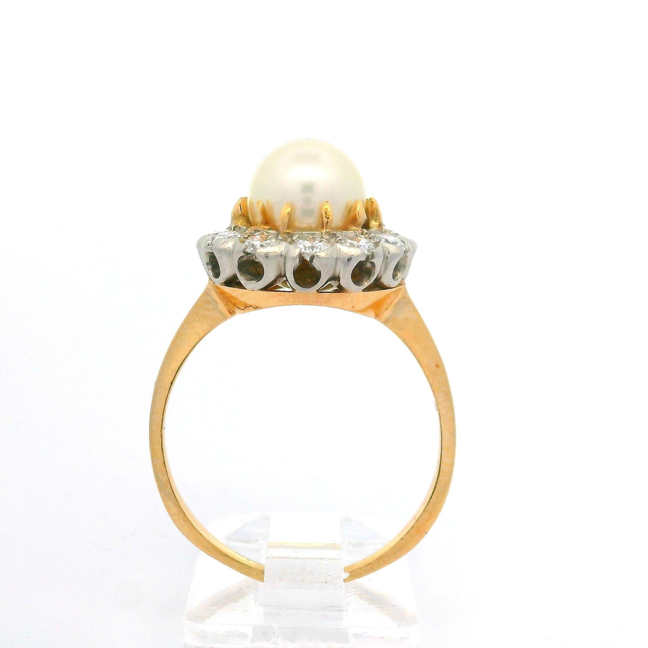 Vintage 14k Yellow Gold Cultured Pearl Center Old Transitional Diamond Halo Ring For Sale 5
