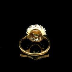 Vintage 14k Yellow Gold Cultured Pearl Center Old Transitional Diamond Halo Ring