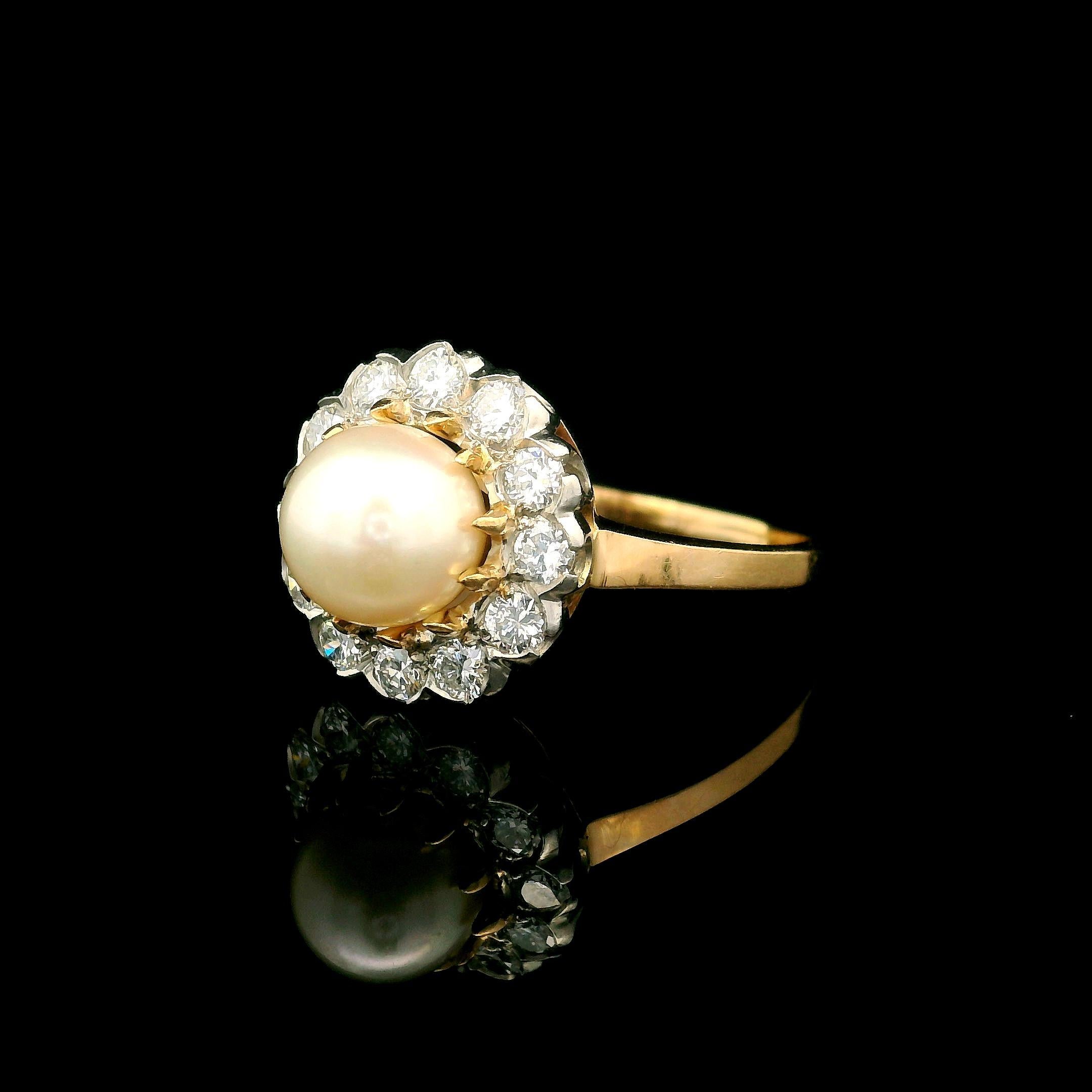 Round Cut Vintage 14k Yellow Gold Cultured Pearl Center Old Transitional Diamond Halo Ring For Sale