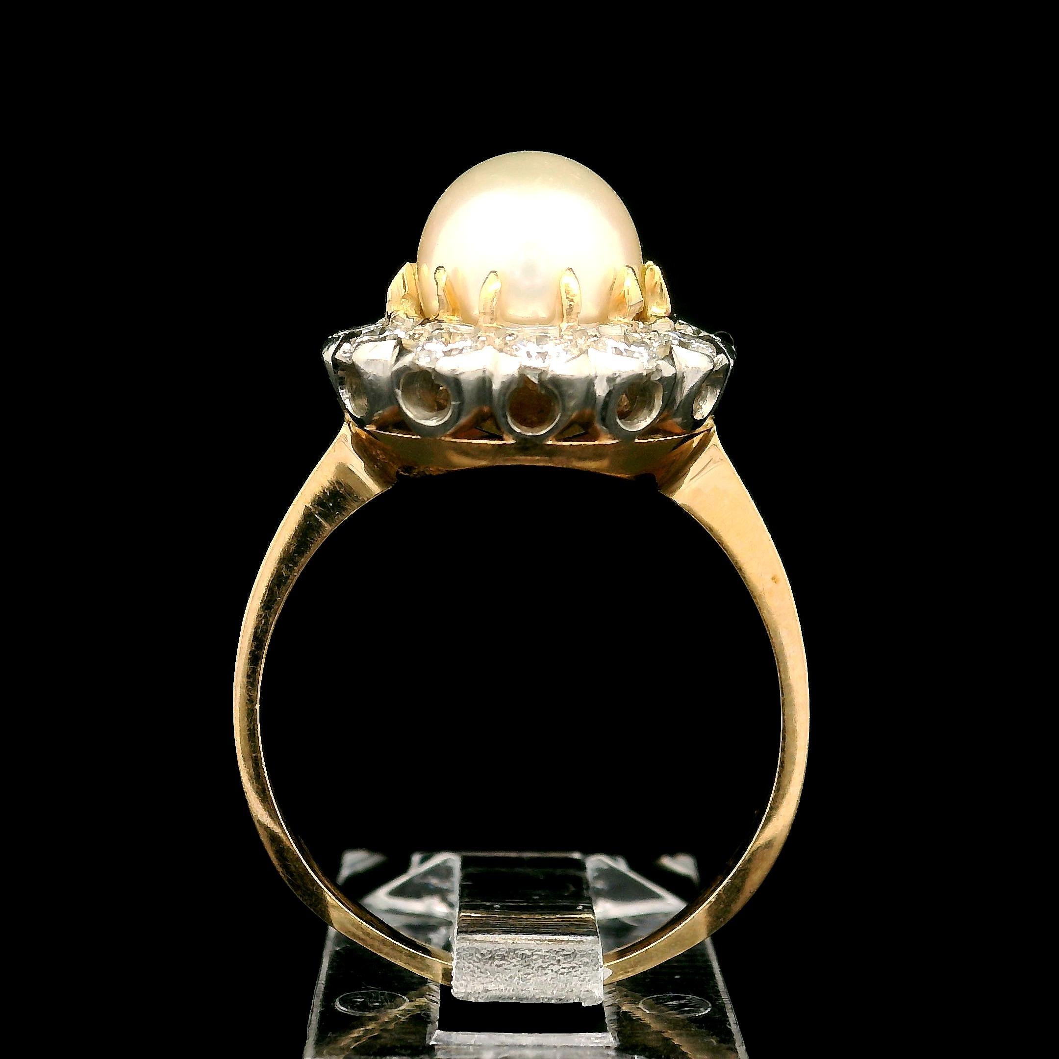 Vintage 14k Yellow Gold Cultured Pearl Center Old Transitional Diamond Halo Ring For Sale 1