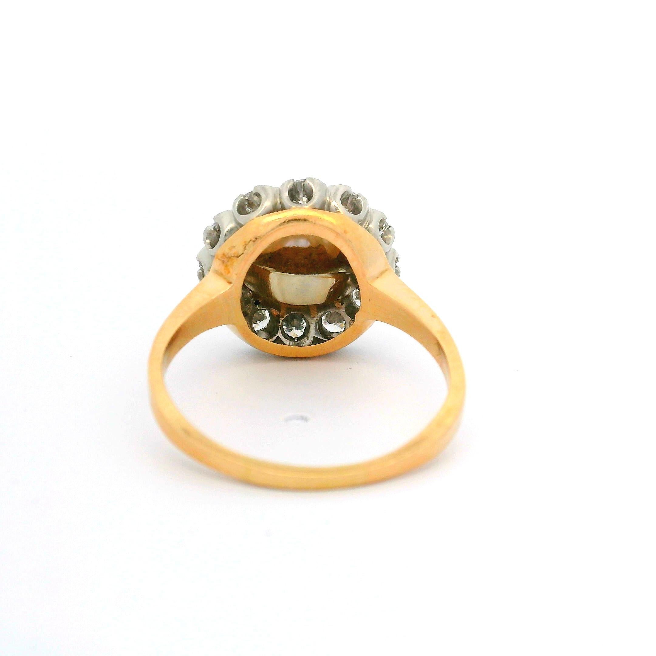 Vintage 14k Yellow Gold Cultured Pearl Center Old Transitional Diamond Halo Ring For Sale 2