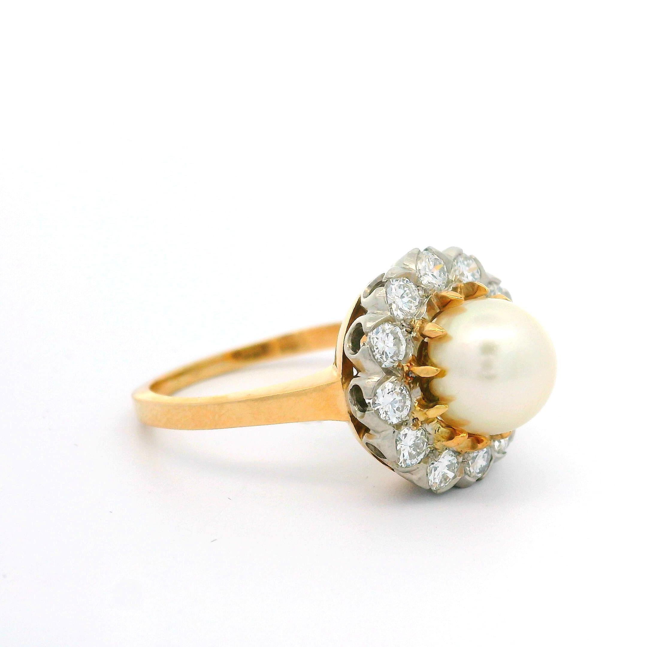 Vintage 14k Yellow Gold Cultured Pearl Center Old Transitional Diamond Halo Ring For Sale 3
