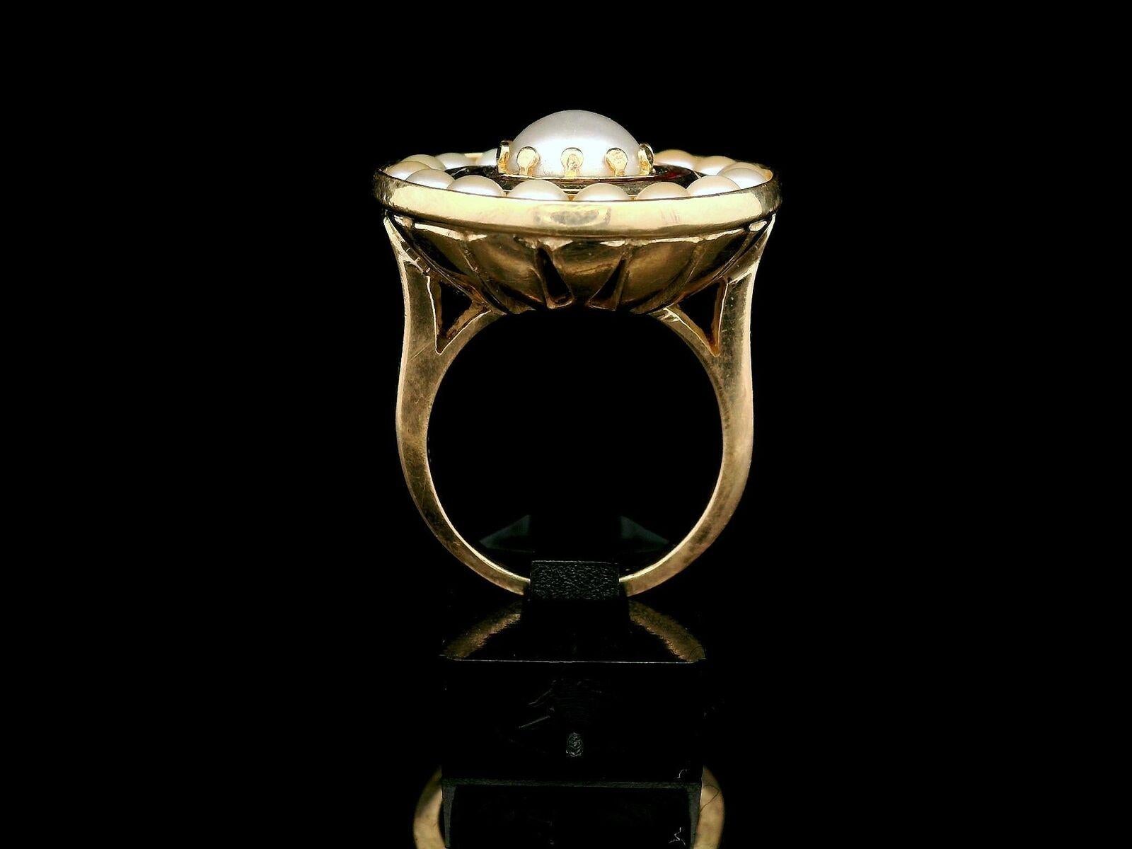 Vintage 14k Yellow Gold Cultured Pearl & Garnet Round Platter Target Ring For Sale 5